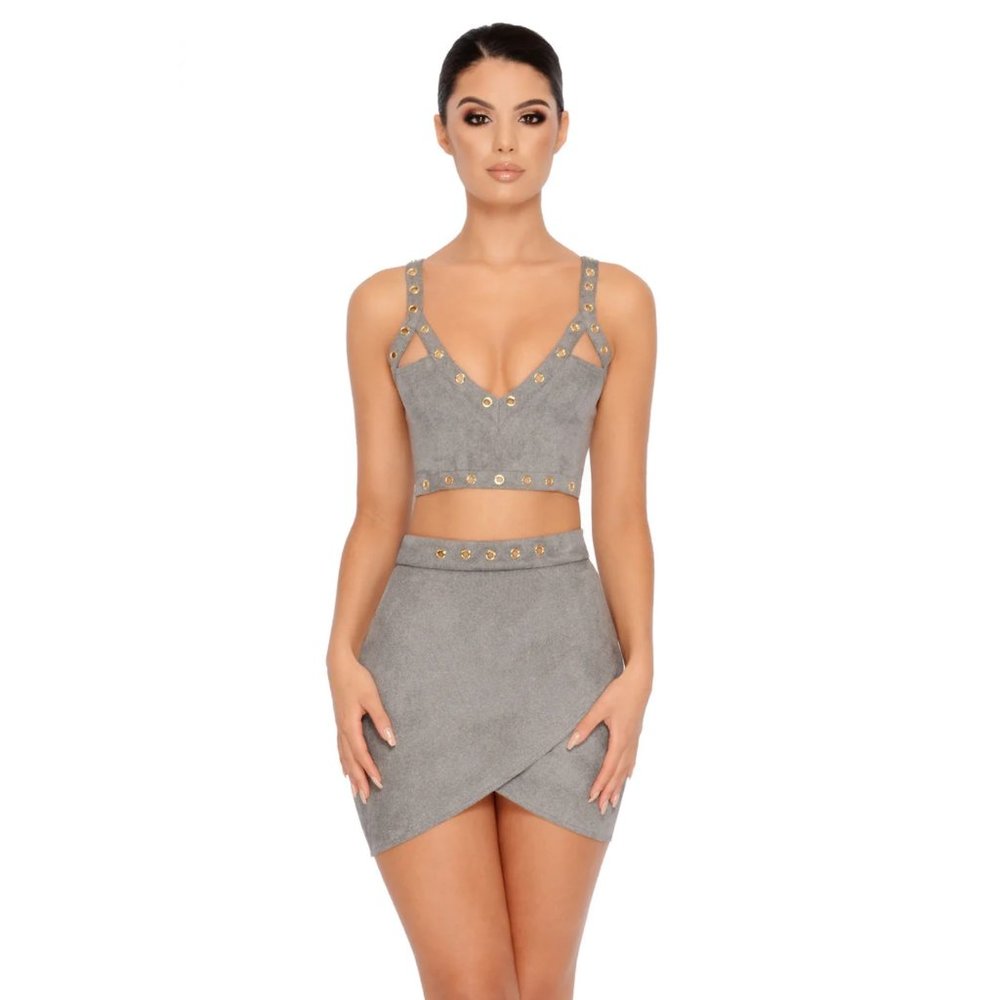 Oh Polly Grey Suedette Skirt Set